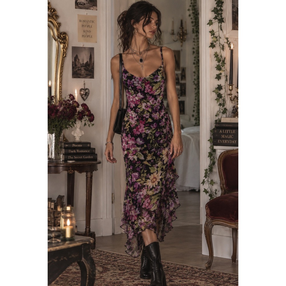 Haute Monde Womens Floral Mesh Ruched Dress Black Purple Small 90s Dark Romantic
